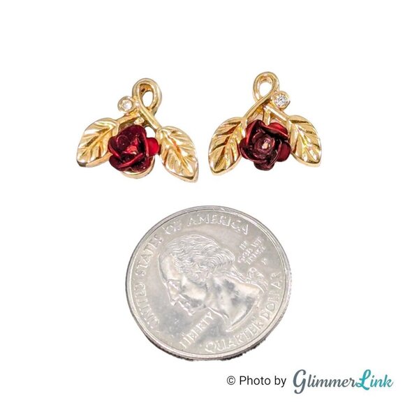 Vintage Red Enamel Rose Double Leaf Gold Tone Stud Pierced Earrings - Picture 4 of 9
